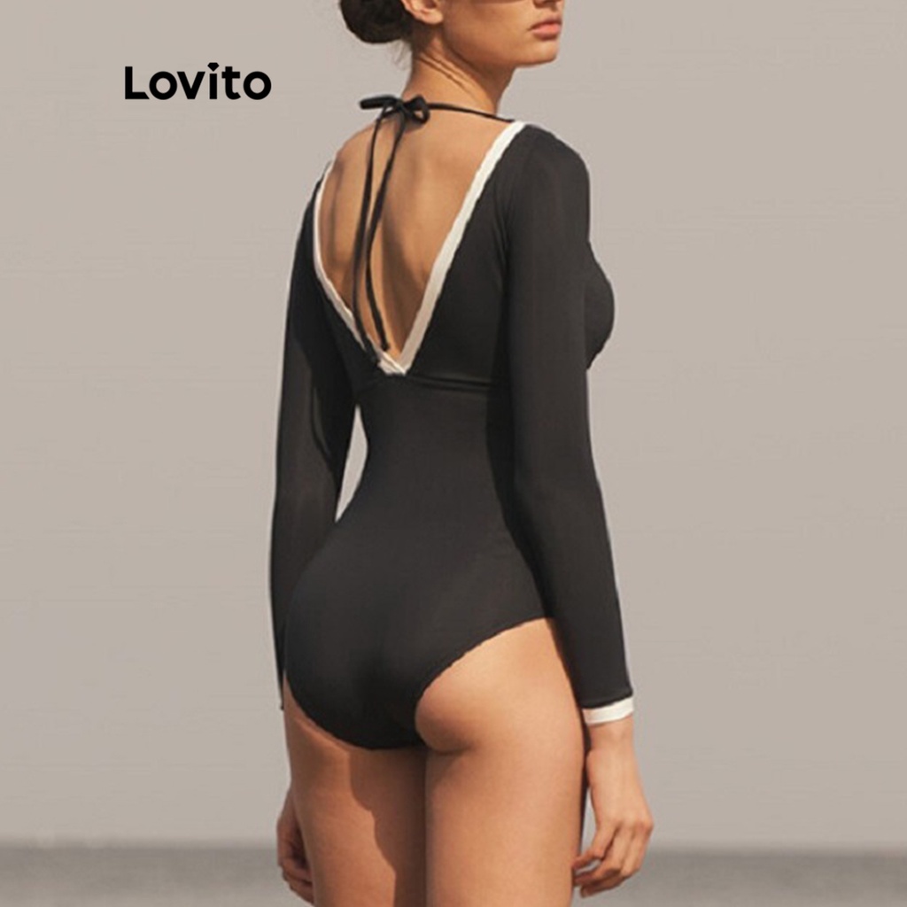 Bộ đồ bơi hai mảnh Lovito hở lưng buộc dây viền tương phản cơ bản màu trơn phong cách thường ngày cho nữ L50AD022 (đen)