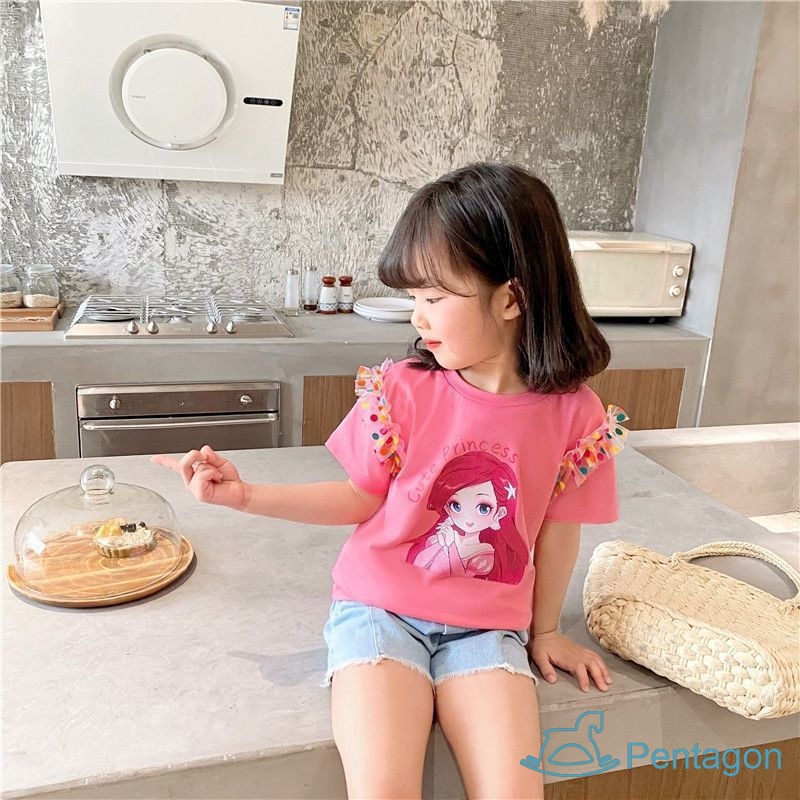 Đầm Thun Tay Ngắn Phối Lưới Chấm Bi Họa Tiết Hoạt Hình Dễ Thương Thời Trang Mùa Hè Cho Bé Gái