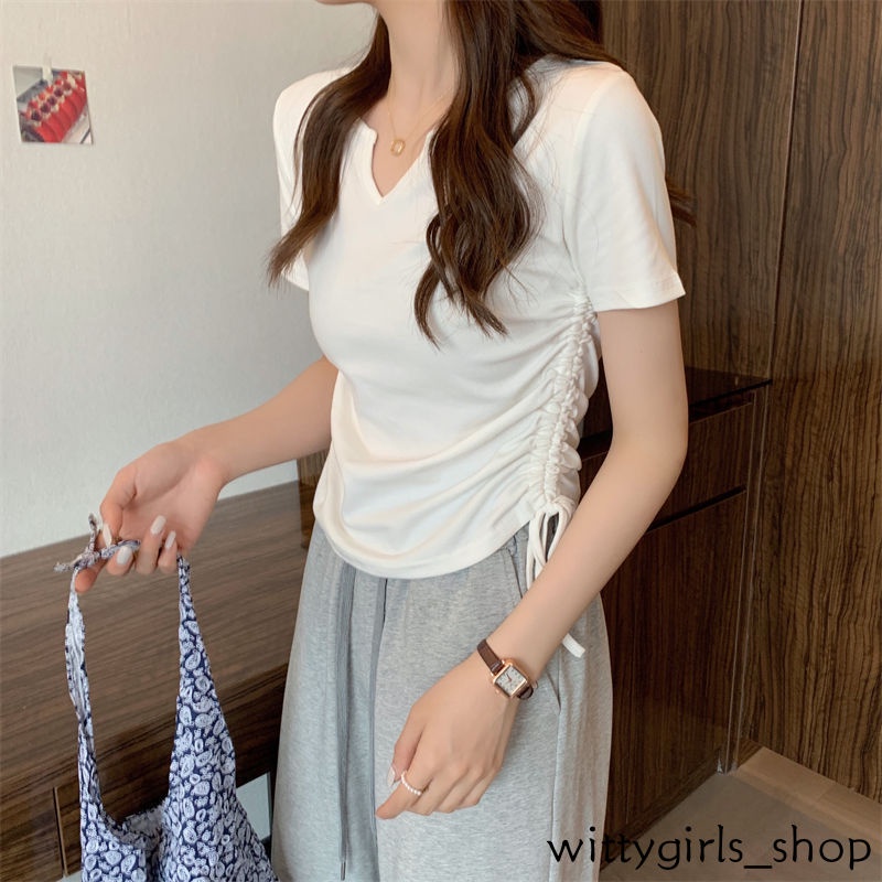 Áo Thun Tay Ngắn Cổ Chữ V Màu Trơn Phối Dây Rút Thời Trang Mùa Hè Mới Cho Nữ