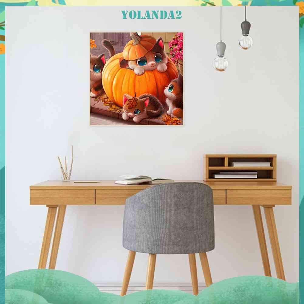 Bộ Tranh Đính Đá 5D Toàn Diện Họa Tiết Mèo Và Bí Ngô Độc Đáo DIY Dùng Trang Trí Nhà Cửa
