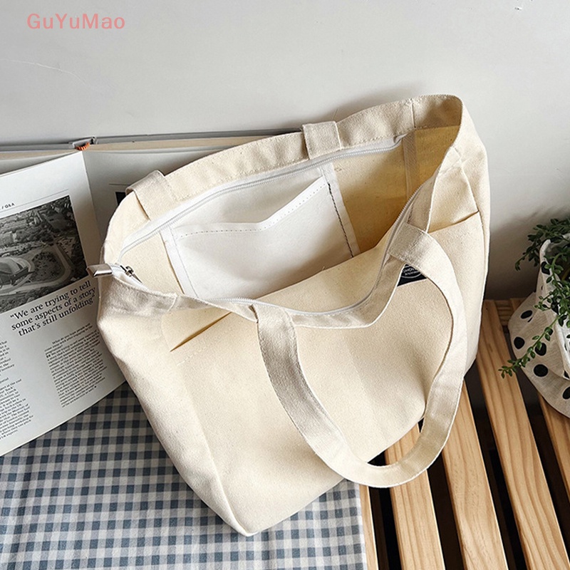 [cxGUYU] Túi Tote Xách Tay Đeo Vai Bằng Vải Bạt Cotton Sức Chứa Lớn Màu Trơn Tái Sử Dụng Được Cho Nữ PRTA