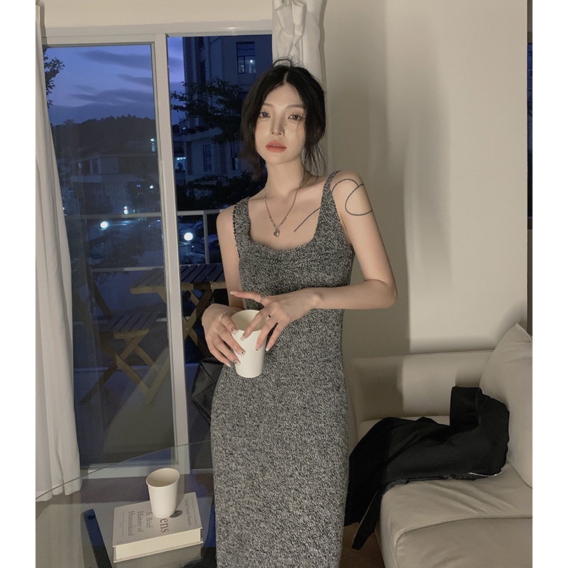 Đầm Yếm Dệt Kim Dáng Dài Màu Xám Thiết Kế Đơn Giản Quyến Rũ Thời Trang Xuân