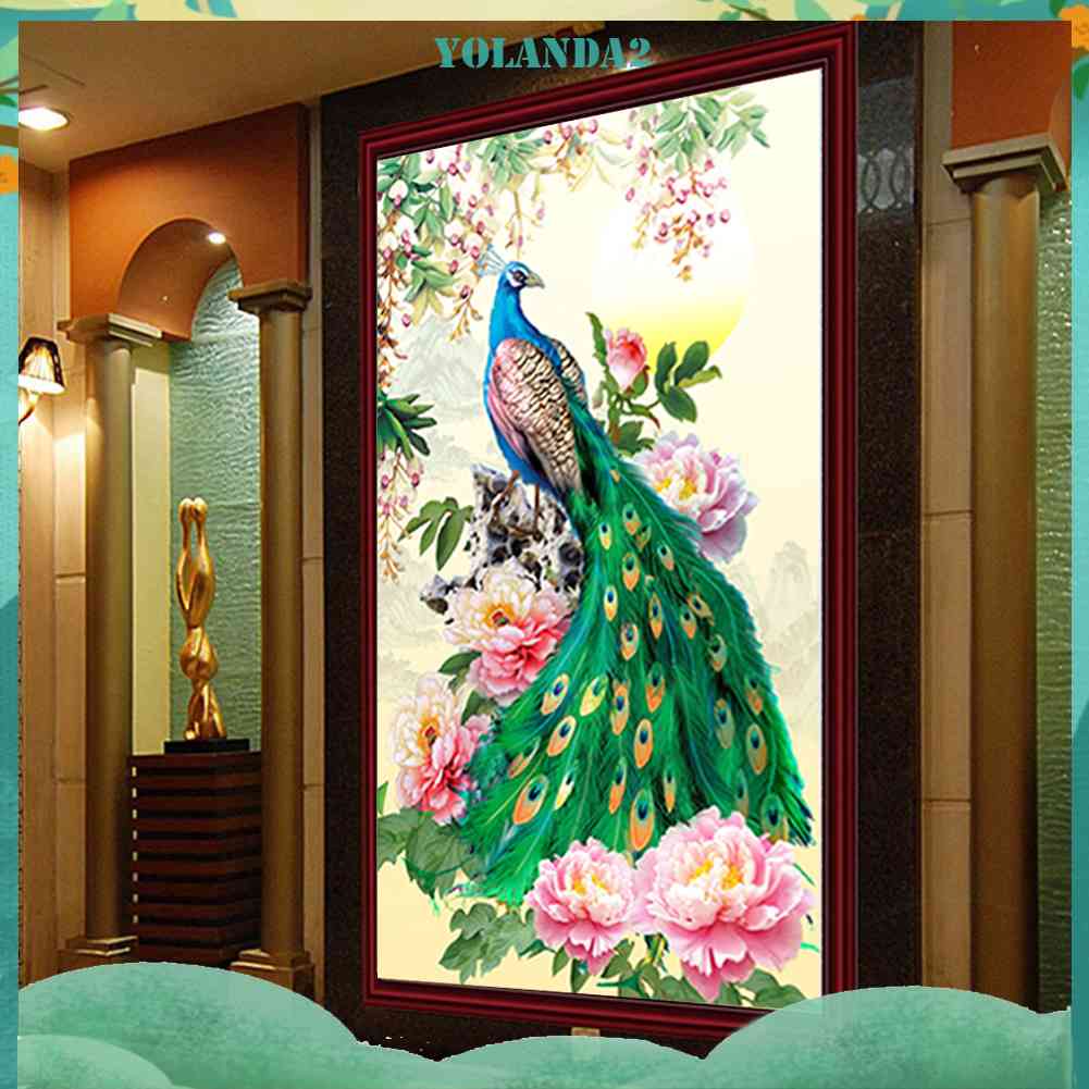 Tranh Thêu Chữ Thập Đính Đá Kim Cương DIY Hình Vẽ Hoa Chim Công