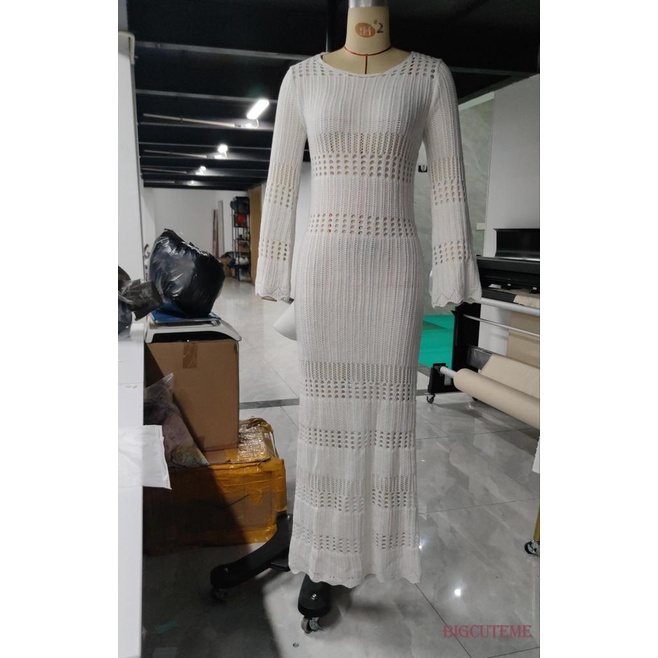 Đầm Ôm Dệt Kim Tay Dài Hở Lưng Màu Sắc Thời Trang Dành Cho Nữ