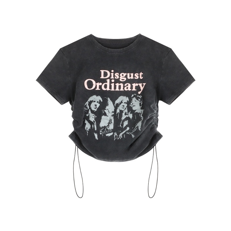 Áo Thun Tay Ngắn Phối Dây Rút In Họa Tiết Phong Cách Cổ Điển Thời Trang Mùa Hè Xinh Xắn Cho Nữ