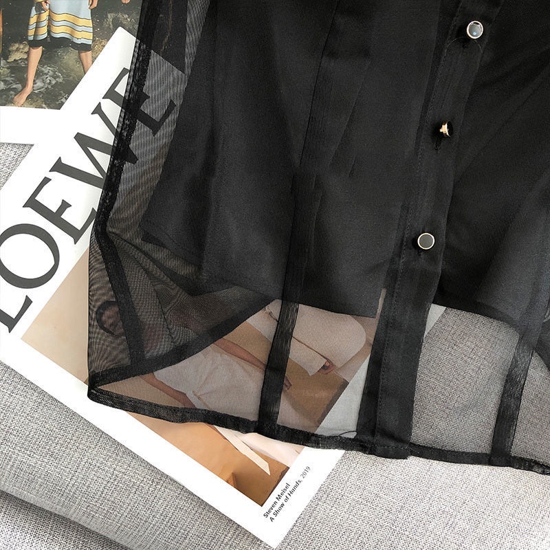 Áo Sơ Mi Tay Ngắn Phồng Trong Suốt Màu Đen Thời Trang Mùa Hè 2023 Cho Nữ