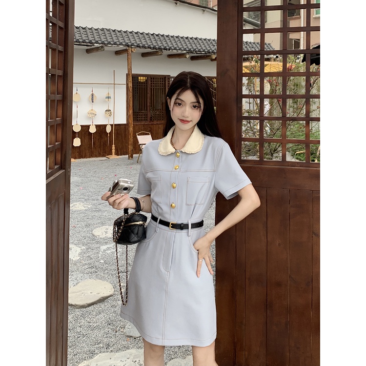 Đầm Dài Dáng Chữ A Tay Ngắn Cổ Búp Bê Màu Trơn Dễ Phối Đồ Thời Trang Cho Nữ