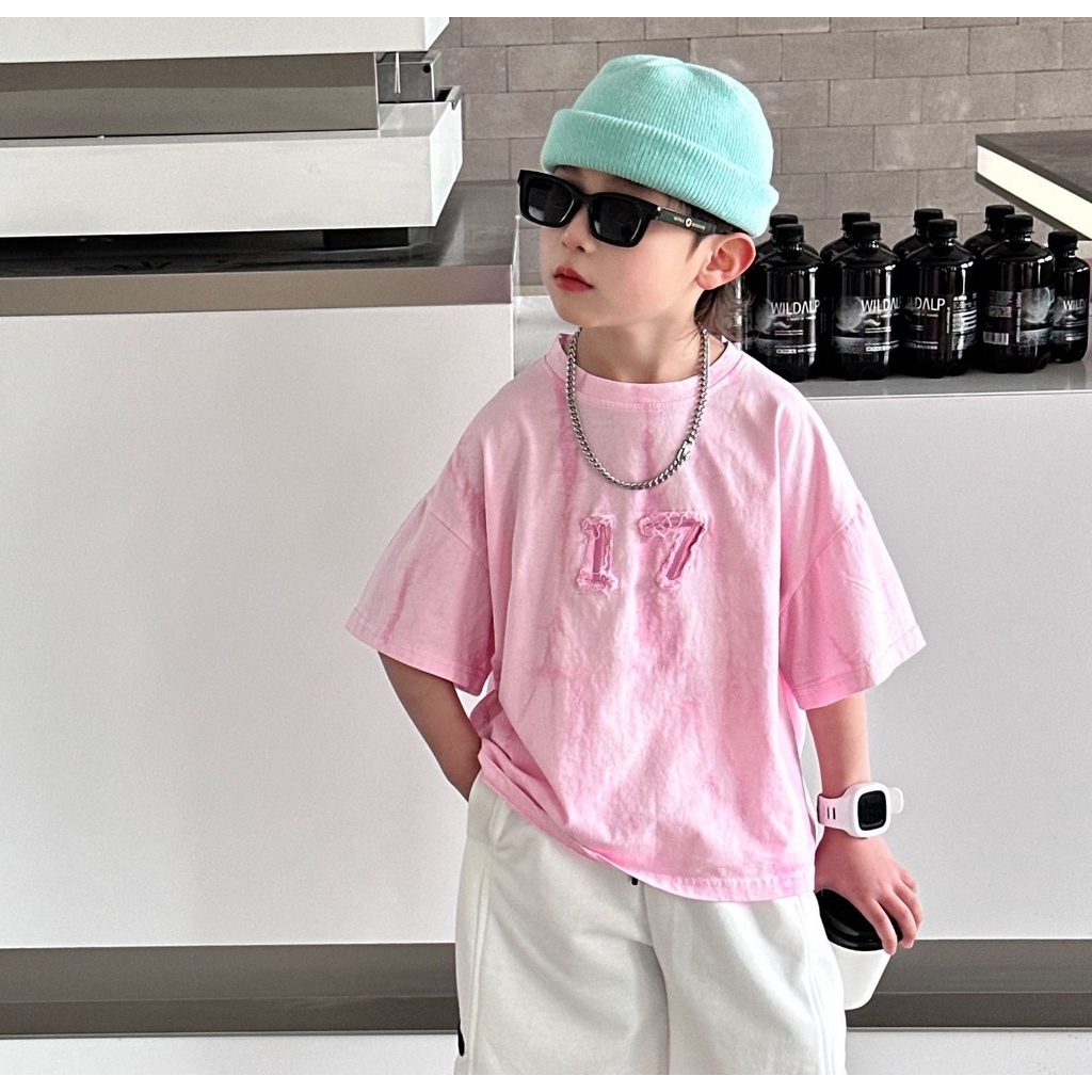 Áo thun bé trai hồng loang số 17 AB691 sz 90-140, áo phông cho bé thời trang