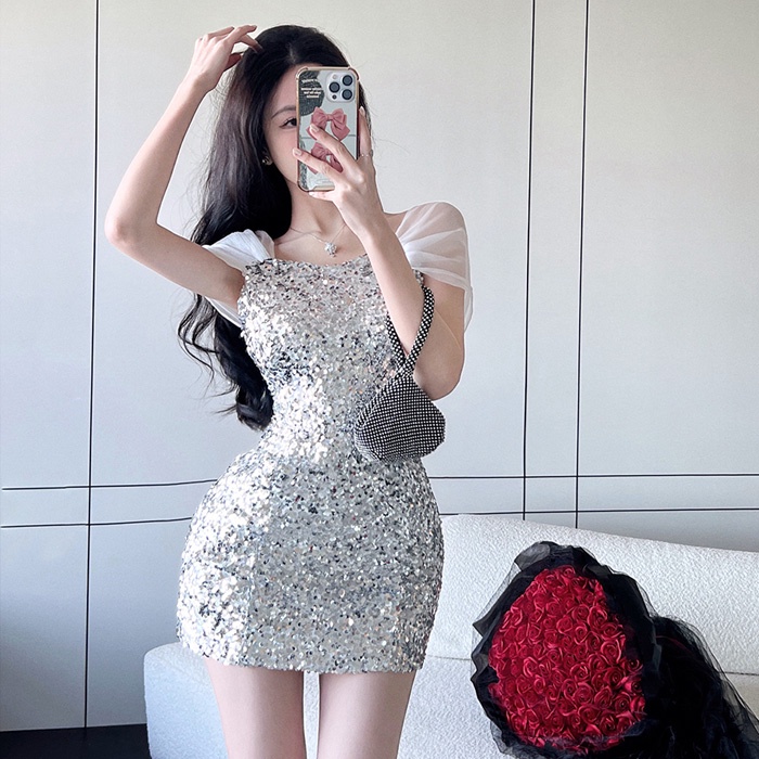 Đầm Trễ Vai Đính Kim Sa Lấp Lánh Gợi Cảm Cho Nữ