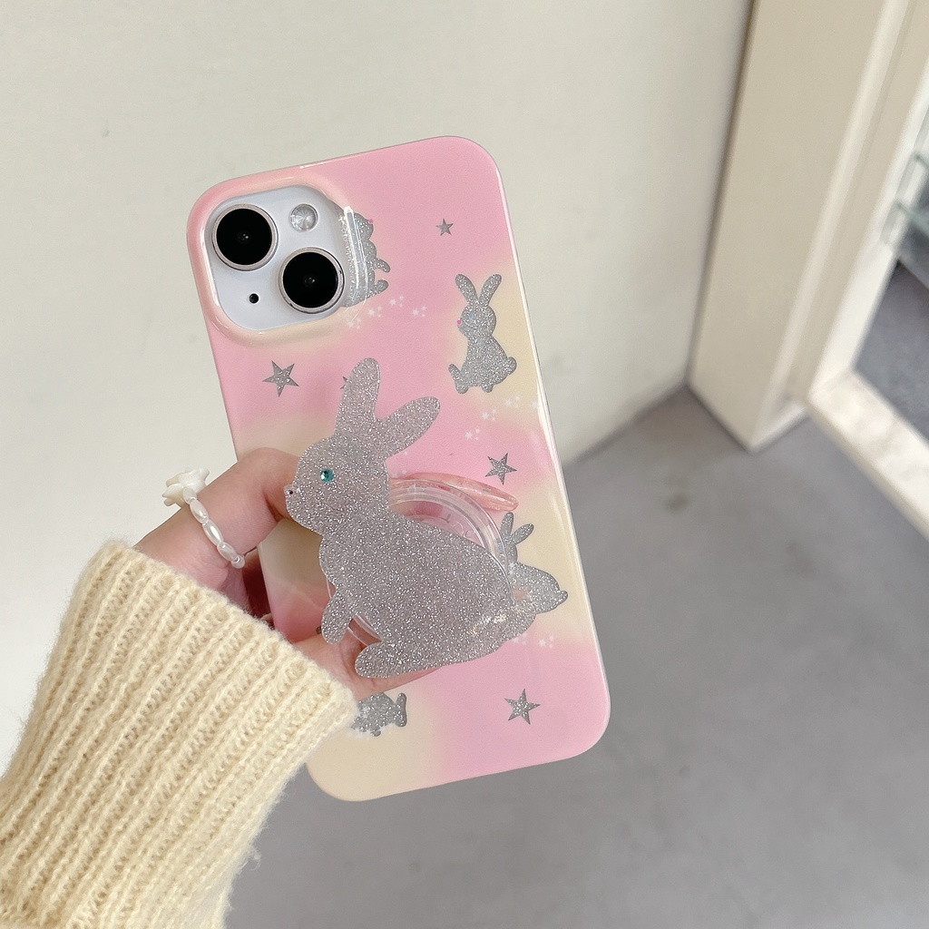 Ốp Điện Thoại Imd Silicone Mềm Trong Suốt Chống Rơi Với Giá Đứng Hình Thỏ Hồng Cho iPhone11 12 13 14 Pro Max