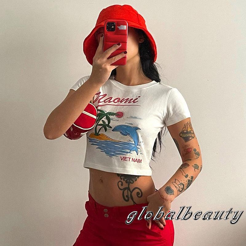 Áo Thun Crop Top Tay Ngắn Cổ Tròn In Chữ Thời Trang Mùa Hè Dành Cho Nữ