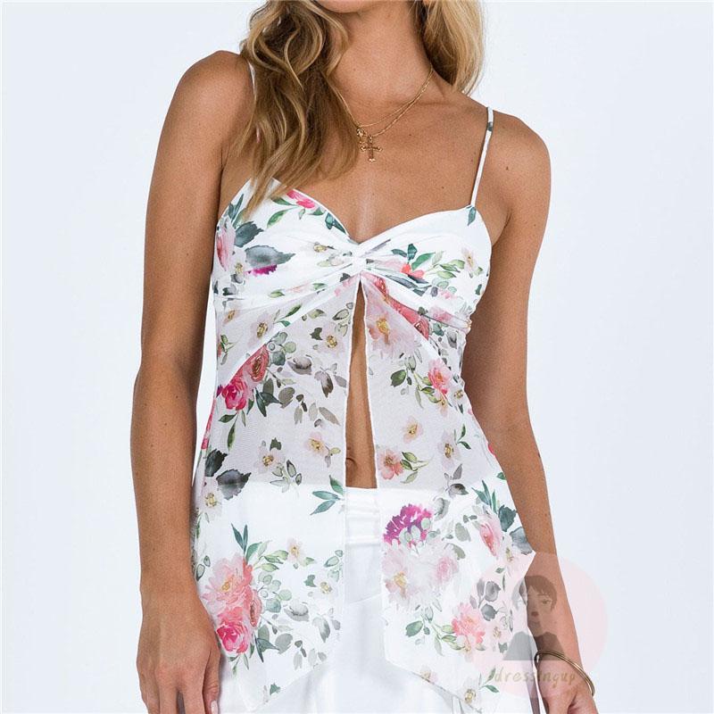 Áo Tank Top Sát Nách Cổ Chữ V Hoạ Tiết Hoa Thiết Kế Xẻ Quyến Rũ