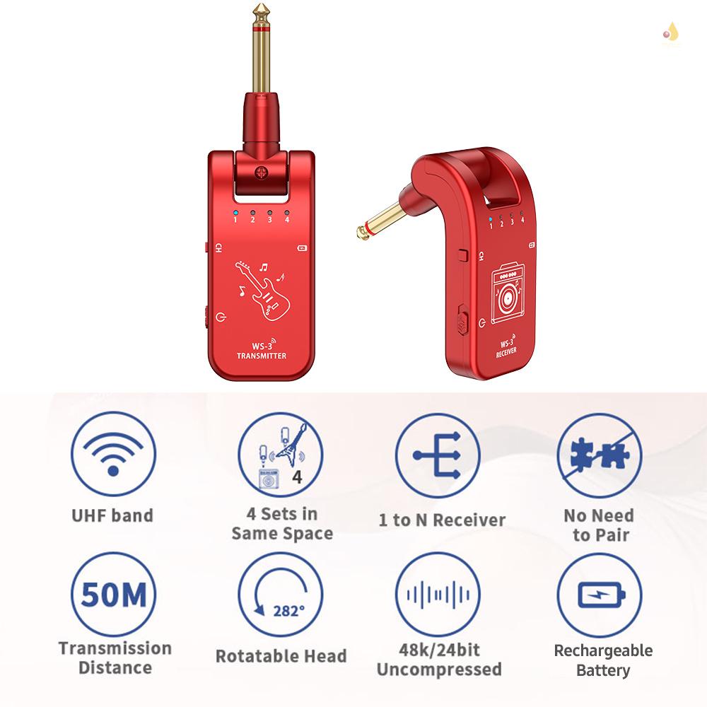Hệ Thống Truyền Tín Hiệu Đàn Guitar Không Dây UHF 4 Kênh Xoay 282 Độ 6.35mm 800MHz-900MHz Chuyên Dụng