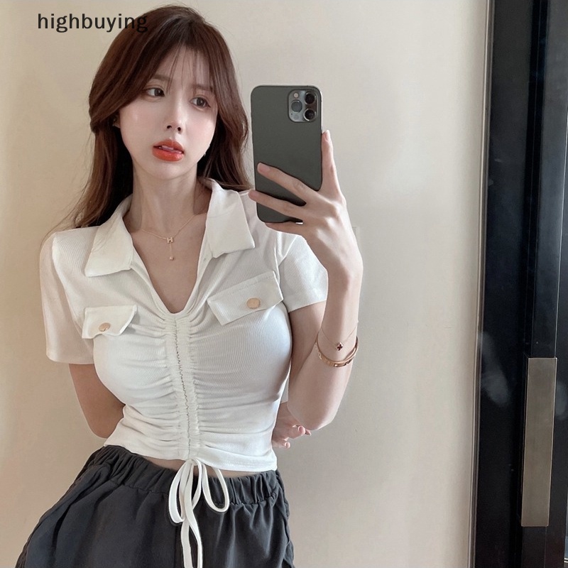 Áo Thun Lửng Tay Ngắn Cổ Chữ V Màu Sắc Đơn Giản Cho Nữ