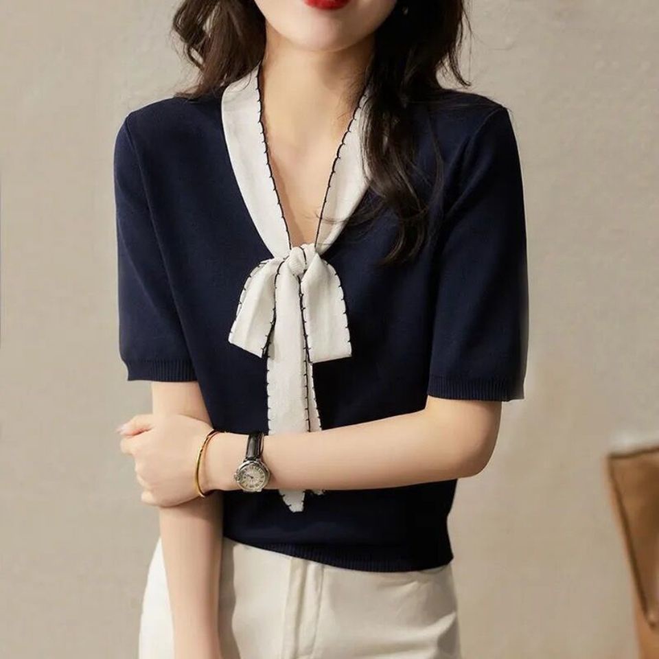 Áo Dệt Kim Phối Nơ Xinh Xắn Theo Phong Cách Mùa Hè Dành Cho Nữ