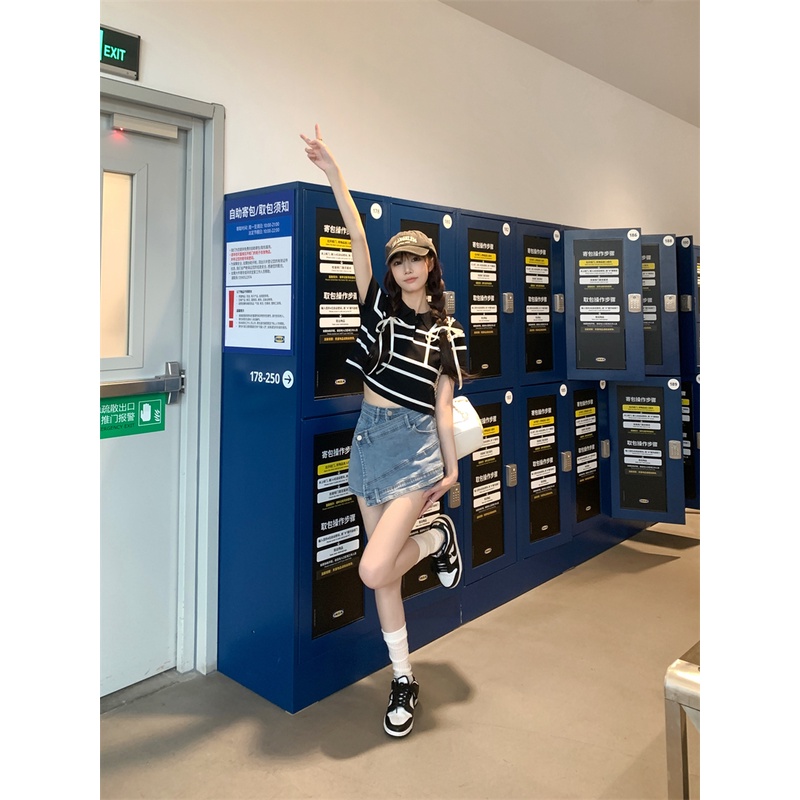 Áo polo Dệt Kim Ngắn Tay Ôm Dáng Họa Tiết Kẻ Sọc Màu Tương Phản Đơn Giản Cho Nữ