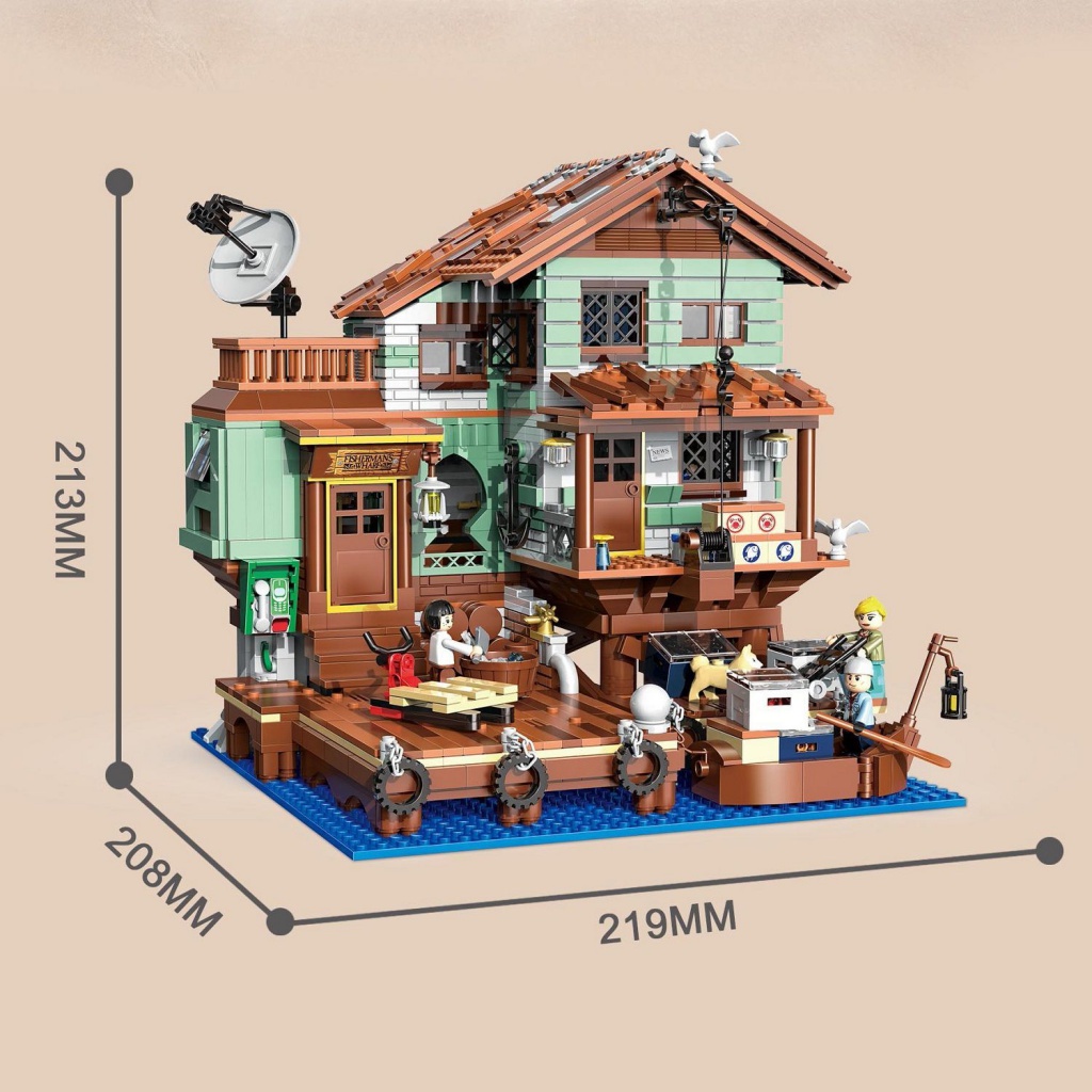 Zhegao Đồ Chơi Lắp Ráp Mô Hình Câu Cá Làng Hut Ngư Dân Wharf Harbor Nhà Hàng Cao Cấp