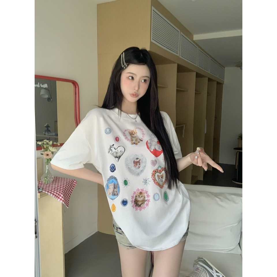 Áo Thun Dáng Rộng In Hình Chó Mèo Dễ Thương Thời Trang Mùa Hè Cho Nữ
