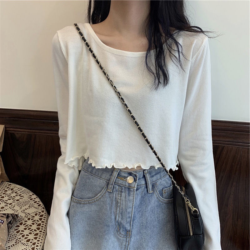 IELGY      Áo Thun Lửng Tay Dài Eo Cao Hai Lớp Thời Trang Dành Cho Nữ