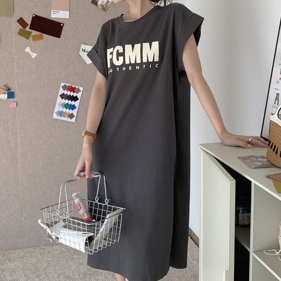 Đầm Thun Cotton Ngắn Tay Dáng Rộng In Chữ Phong Cách Hàn Quốc Thời Trang Mùa Hè Cho Nữ