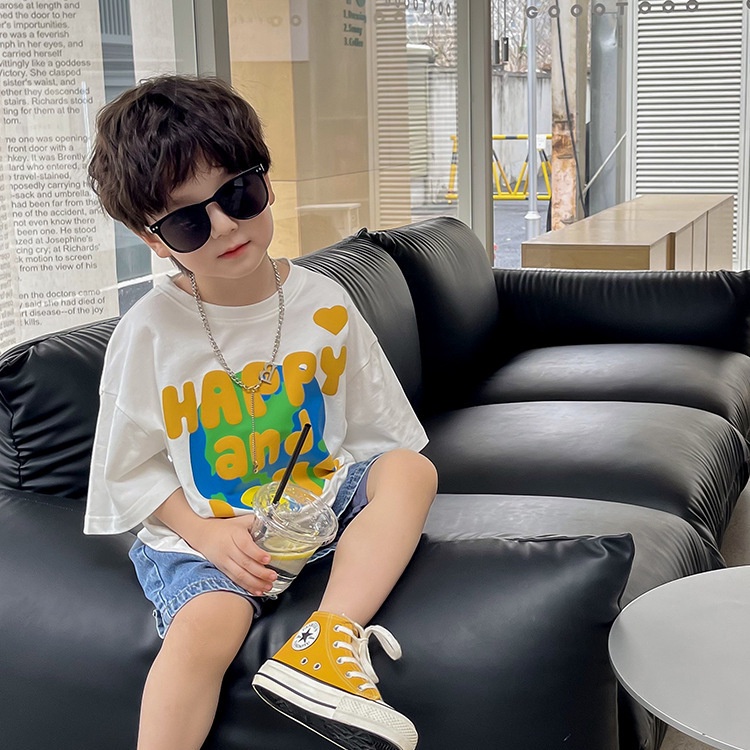 Áo Thun Cotton Ngắn Tay Cổ Tròn In Họa Tiết Hoạt Hình Thời Trang Mùa Hè Cho Bé Trai