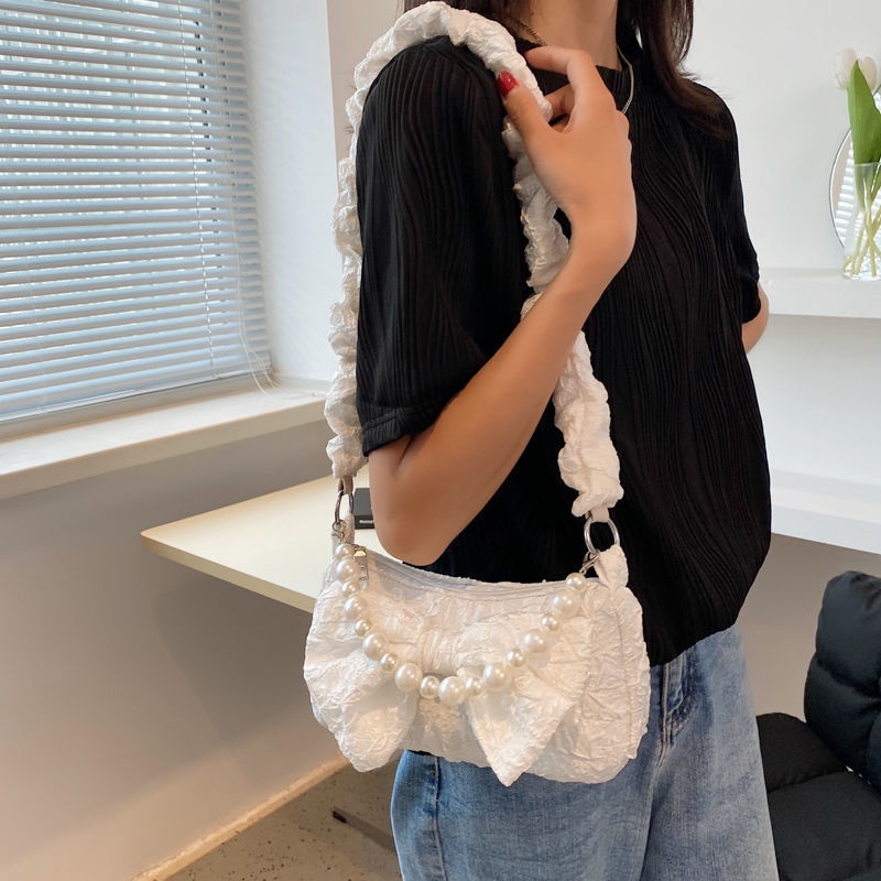 Túi Xách Đeo Một Bên Vai Đính Nơ Ngọc Trai Phong Cách Mới Cho Nữ