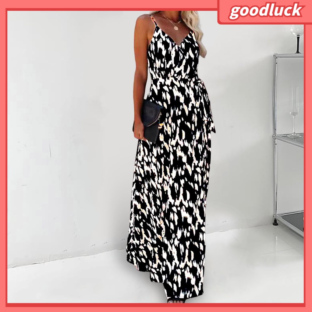 [ULK] Đầm Hai Dây Cổ Chữ V Họa Tiết Ngựa Vằn Hở Lưng Xẻ Tà Ôm Eo Gợi Cảm Cho Nữ