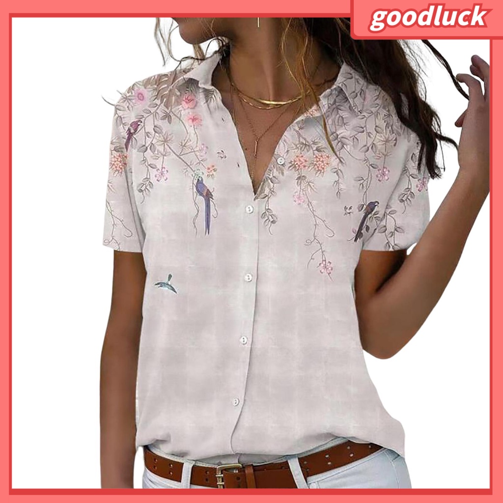 Áo Sơ Mi Tay Ngắn Cổ Bẻ Cài Khuy In Họa Tiết Hoa Thời Trang Mùa Hè Xinh Xắn Cho Nữ