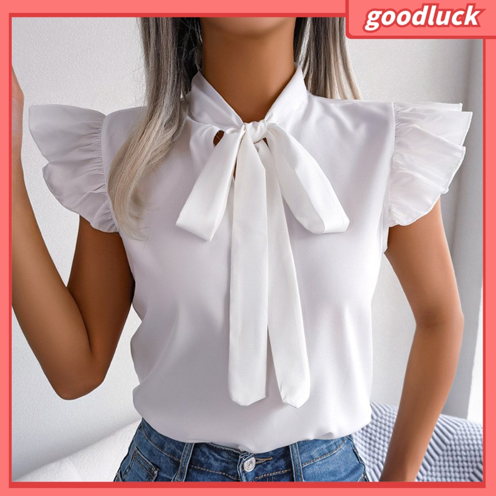 [ULK] Áo Sơ Mi Tay Ngắn Cổ Đứng Màu Trơn Trang Trọng Thắt Nơ Viền Bèo Thời Trang Mùa Hè Cho Nữ