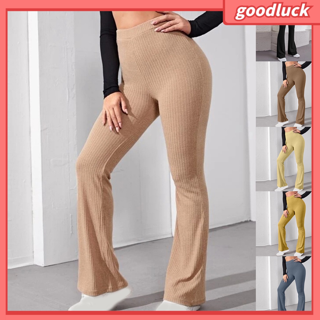 Quần Dài Dệt Kim Màu Trơn Ống Loe Lưng Cao Thời Trang Mùa Hè Cho Nữ