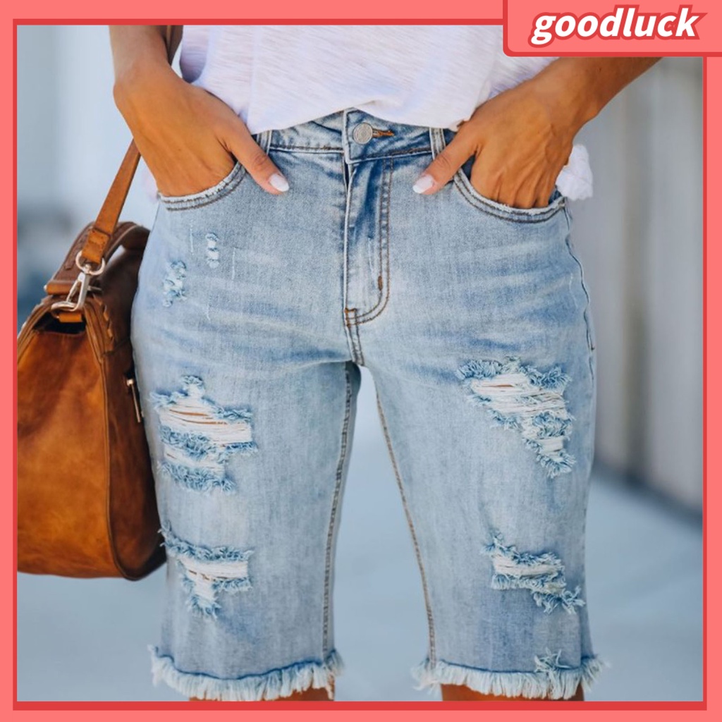 [ULK] Quần Short Denim Màu Trơn Rách Gối Mùa Hè Dài Đến Đầu Gối Mặc Hàng Ngày Cho Nữ