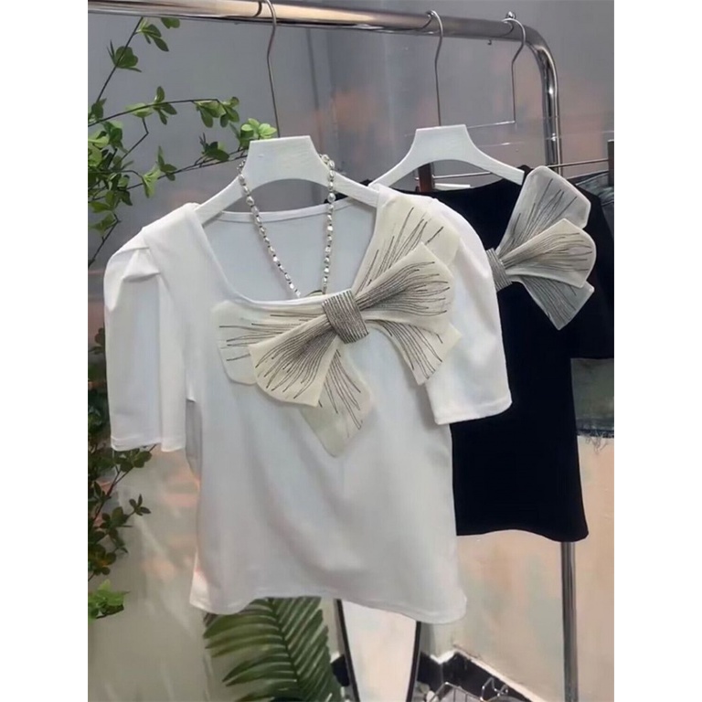 Áo Thun Tay Ngắn Phồng Cổ Vuông Thắt Nơ Dáng Ôm Thời Trang Cho Nữ