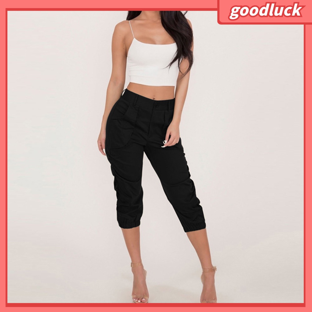 Quần Harem 3 / 4 Lưng Cao Màu Trơn Có Túi Thời Trang Mùa Hè Cho Nữ