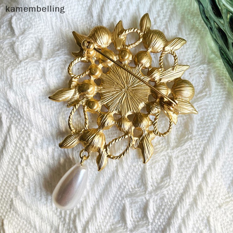 Ghim Cài Áo Hình Cành Lá Giọt Nước Ngọc Trai Màu Vàng Kim Phong Cách Baroque Cổ Điển