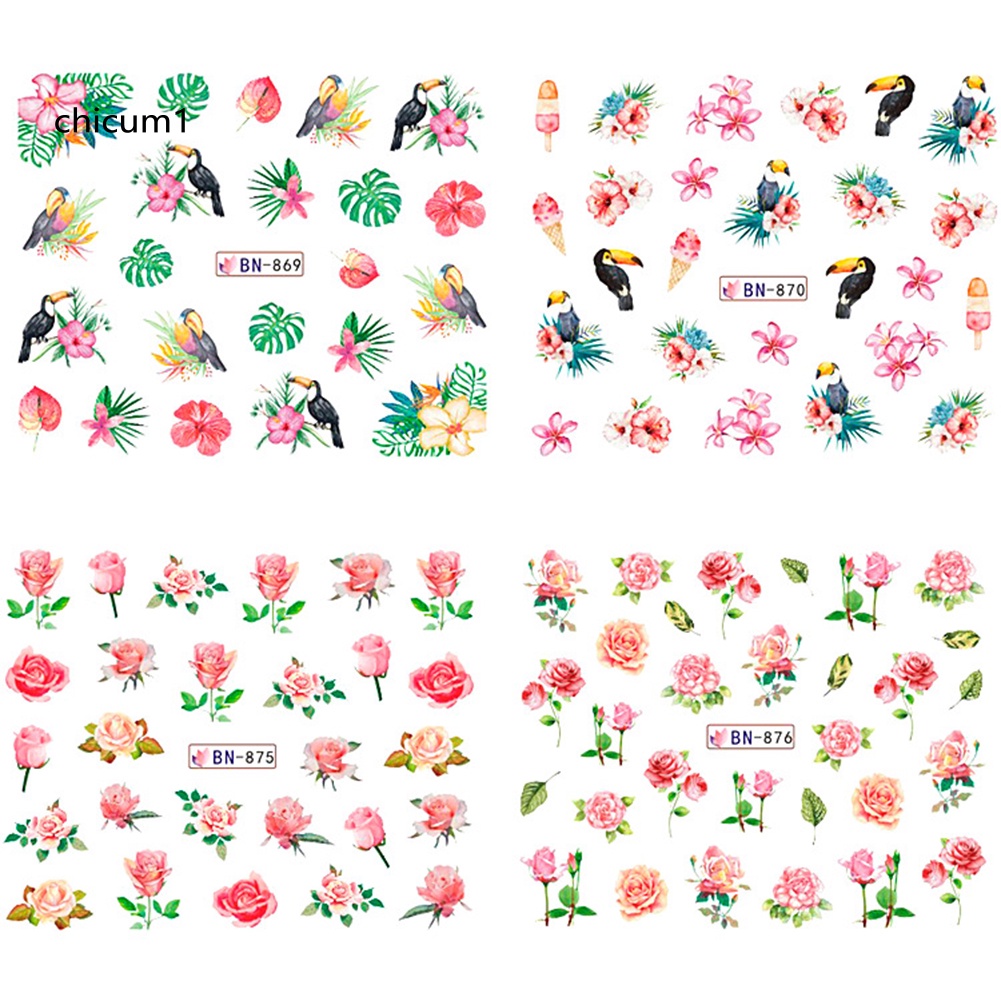 Miếng Dán Trang Trí Móng Tay Hình Hoa Lá Chim Hồng Hạc Xinh Xắn