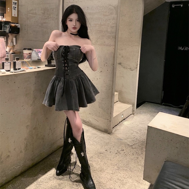 Áo Denim Trễ Vai Cột Dây Thời Trang Mùa Hè Quyến Rũ Cho Nữ