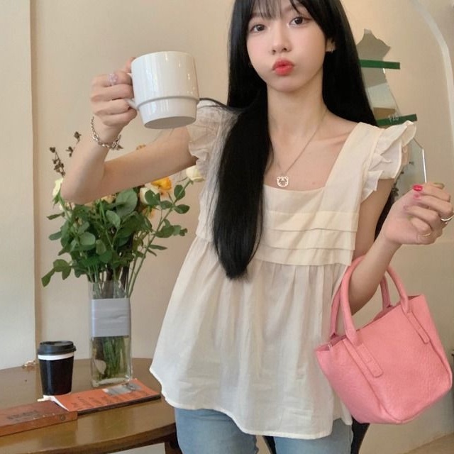 Áo Kiểu Tay Bay Rút Dây Viền Gỗ Phong Cách Pháp Thời Trang Cho Nữ