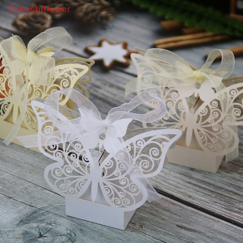 Set 10 Hộp Đựng Kẹo Cưới Thiết Kế Rỗng Họa Tiết Bươm Bướm Kèm Dây Ruy Băng Xinh Xắn