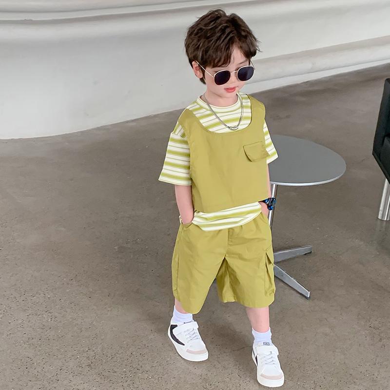 [Hàng Mới Về] Áo Sơ Mi Giả Hai Lớp Dáng Rộng In Họa Tiết Phong Cách Hàn Quốc Thời Trang Mùa Hè Cho Bé Trai