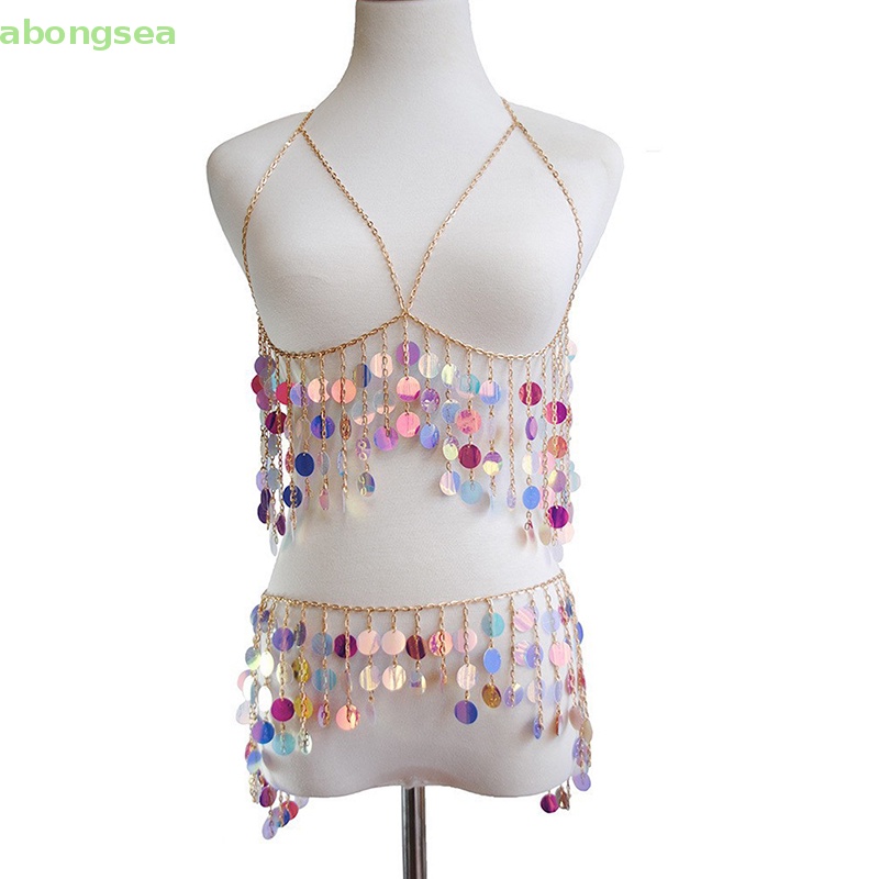 Abongsea Bộ Áo Ngực Dây Xích Tua Rua Nhiều Lớp Đính Kim Sa Gợi Cảm Thời Trang Cho Nữ y2k