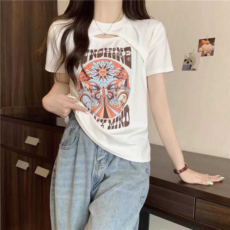 Áo Thun Tay Ngắn Dáng Rộng In Họa Tiết Kiểu Retro Hàn Quốc Thời Trang Mùa Hè Cho