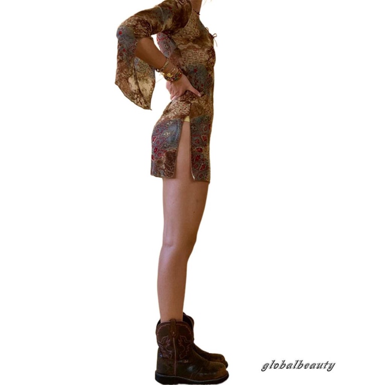 Đầm Nữ Tay Loe Cổ Chữ V Xẻ Tà In Họa Tiết Vintage Gợi Cảm