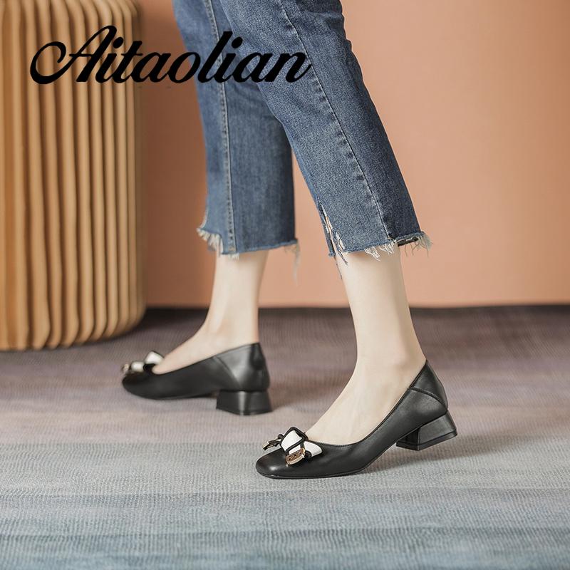 Giày Cao Gót 3cm Da Mềm Mũi Vuông Thắt Nơ Phong Cách retro Anh Quốc Thời Trang