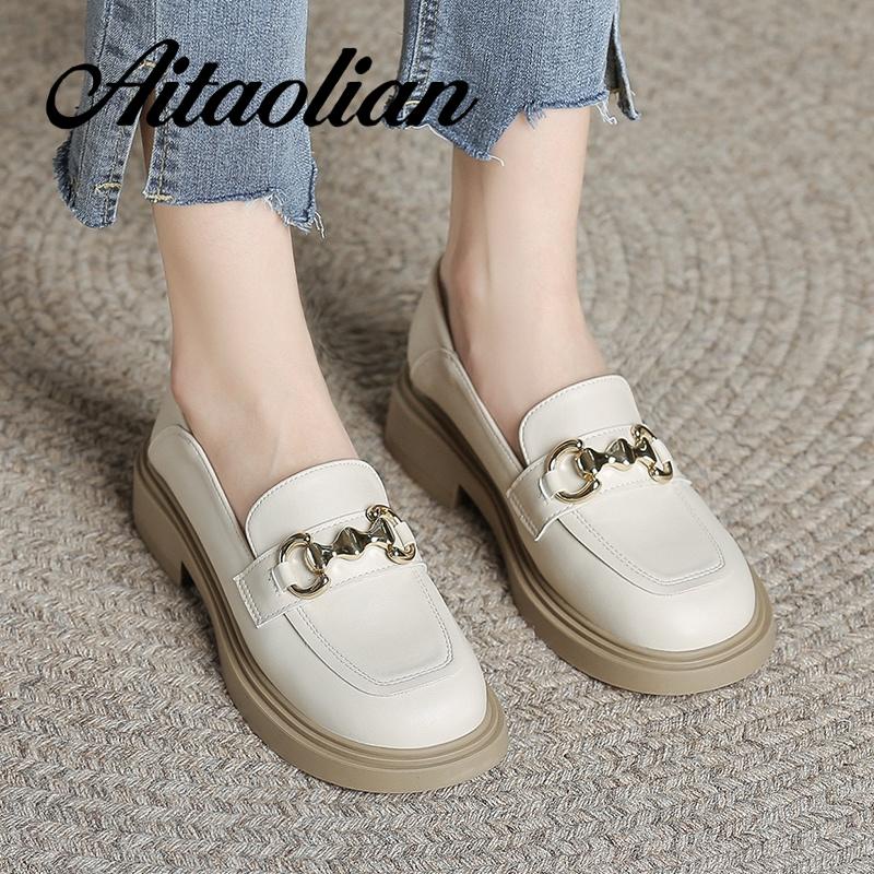 Giày Lười Da Thật Đế Bằng 3cm Phối Khóa Kim Loại Đơn Giản Thời Trang Cho Nữ