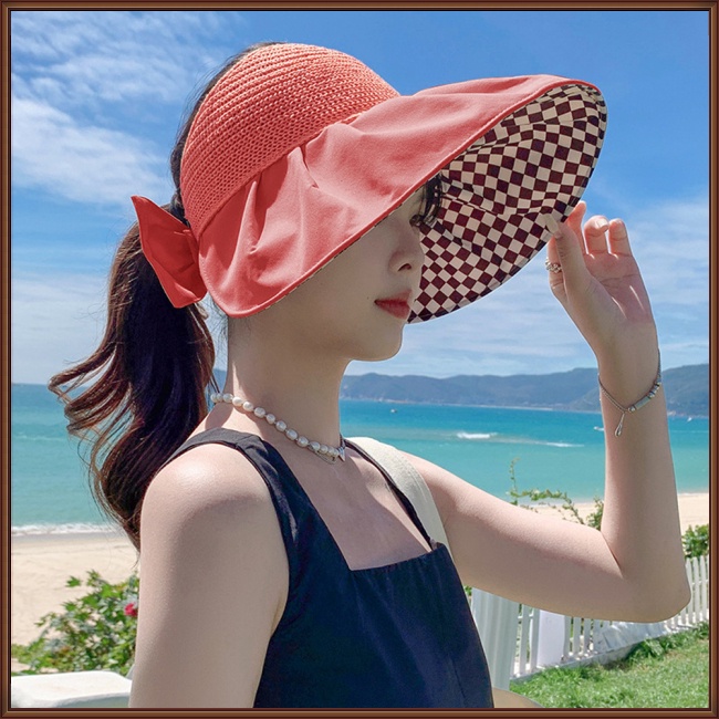 Jaz Mũ Rộng Vành Cotton Chống Nắng Hở Chóp Kẻ Sọc Caro Có Thể Gập Lại Cho Nữ