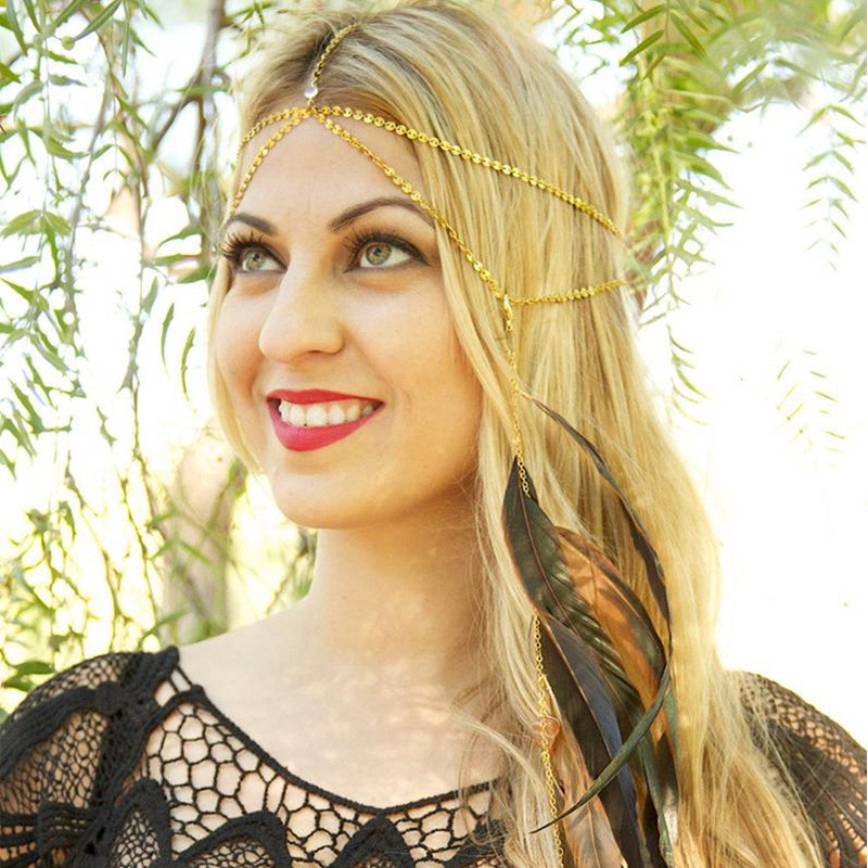 1 Băng Đô Cài Tóc Đính Lông Vũ Phong Cách Bohemian Ấn Độ Retro Âu Mỹ