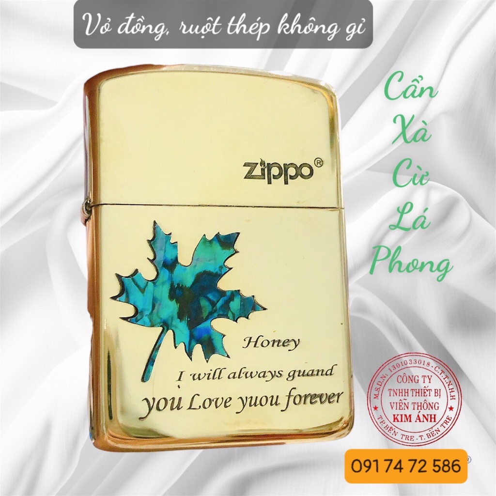 Quẹt Zip po Brass đồng, Armor vỏ dầy khắc chìm cẩn xà cừ mẫu lá phong, vỏ đồng ruột thép không gỉ