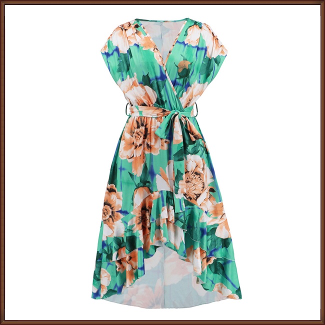 Đầm Dài Cánh Dơi Cổ Chữ V Họa Tiết Hoa Phối Bèo Thời Trang Mùa Hè Cho Nữ