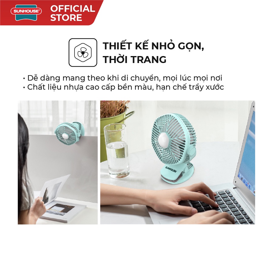 Quạt sạc mini SUNHOUSE SHD7111, Quạt tích điện mini để bàn Sunhouse, Quạt kẹp bàn - hàng chính hãng Sunhouse