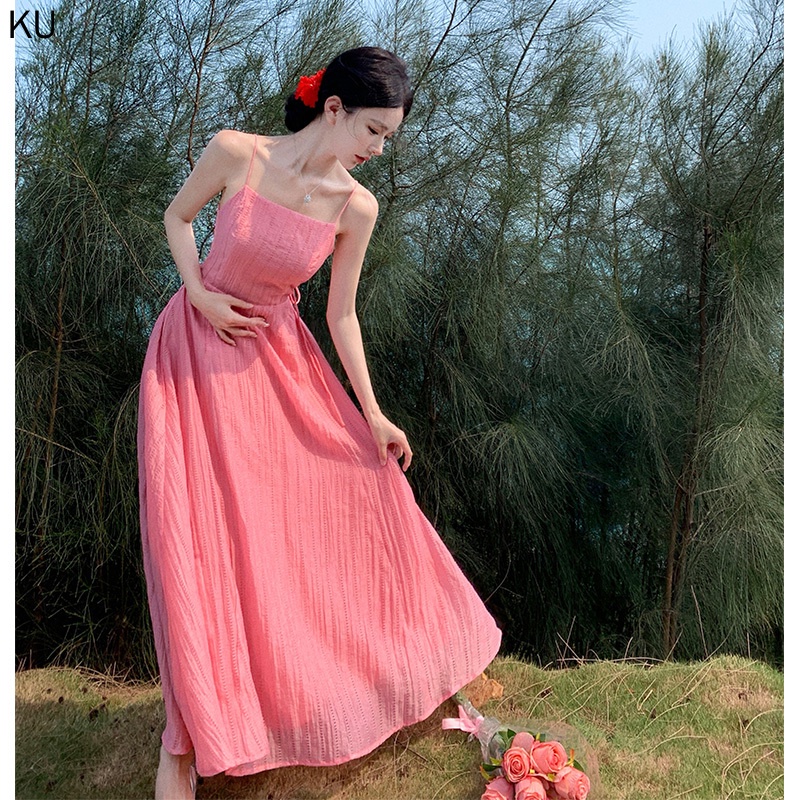 Hàng Mới Về Đầm Hai Dây Dáng Dài Màu Hồng Đào / Trắng / Hồng Nhạt Hở Lưng Xinh Xắn Cho Nữ Đi Biển 2023 Hàng Mới Về